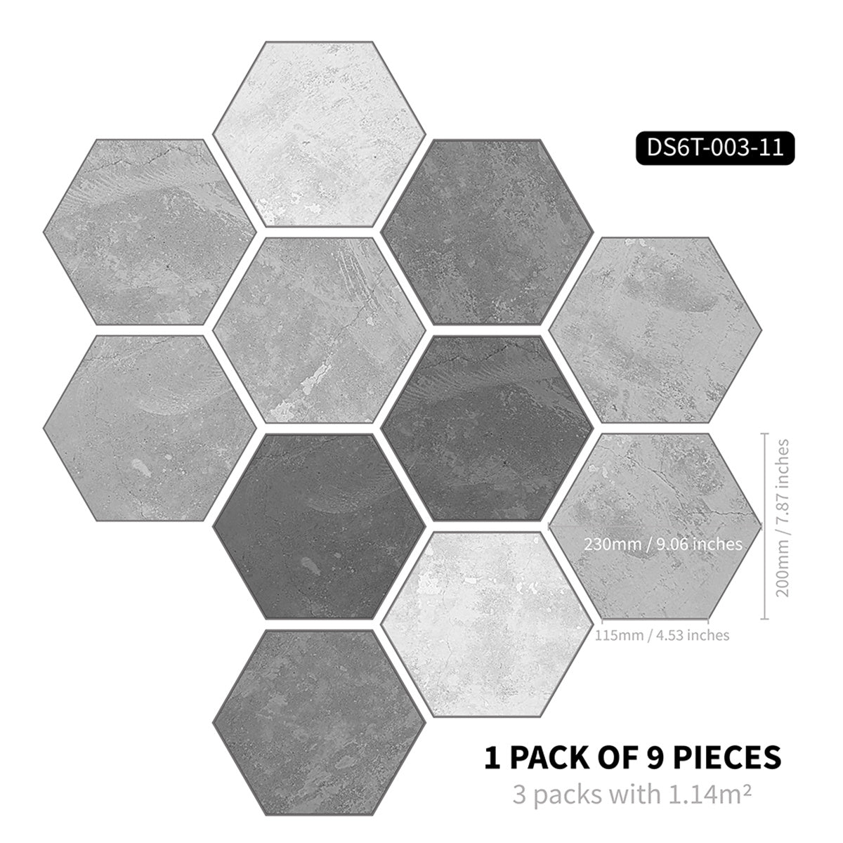 11pcs Cement Gray Hexagonal Floor Stickers Waterproof Non-slip Tile Stickers