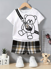 Boy's Bear Graphic Casual Outfit T-Shirt & Plaid Shorts Summer Clothes