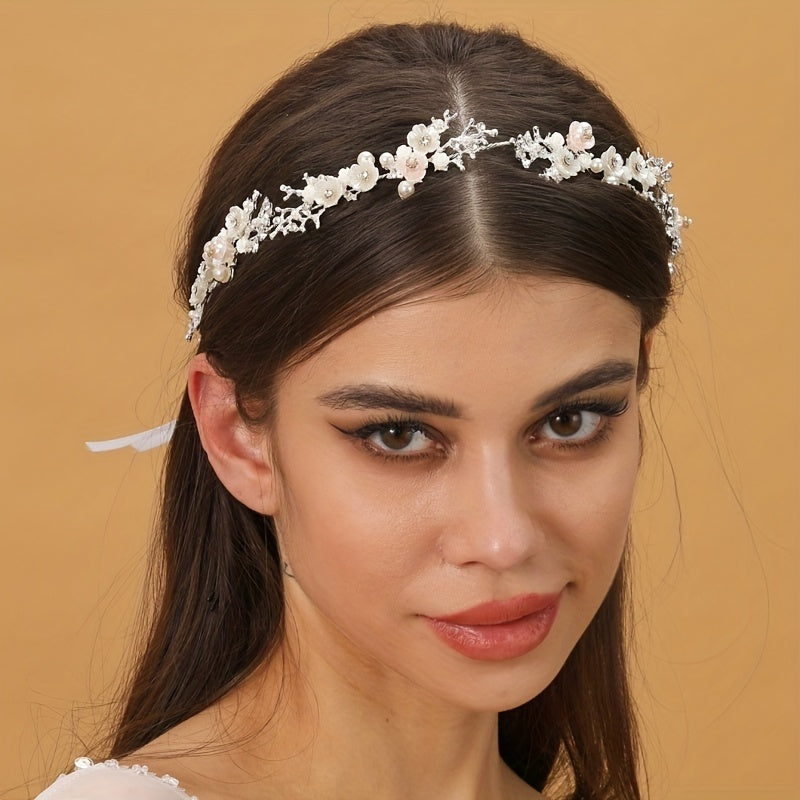 Faux Pearl Flower Hairband Tiara Rhinestone Bridal Headpiece