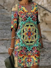 Boho Dress Women's Plus Tribal Print Notched Neck Medium S