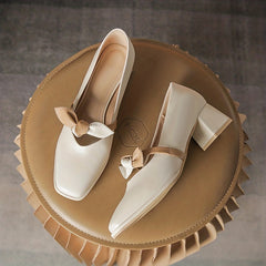 Bowknot Decor Chunky Heels Square Toe Outdoor Shoes