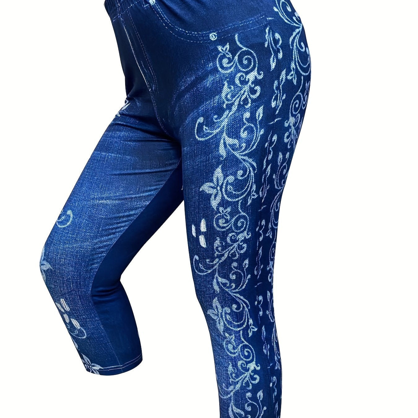 Denim & Floral Print Skinny Capris Leggings for Women