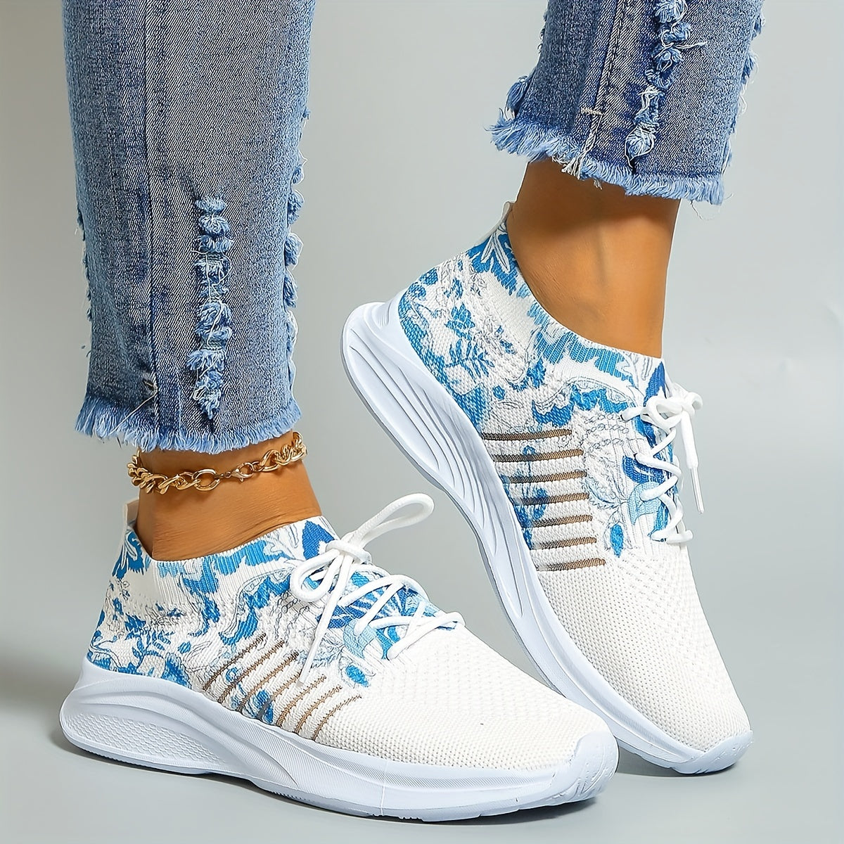 Women's Floral Print Knit Sports Shoes Lace Up Running Sneakers