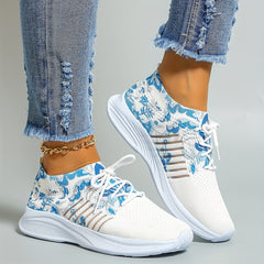 Women's Floral Print Knit Sports Shoes Lace Up Running Sneakers