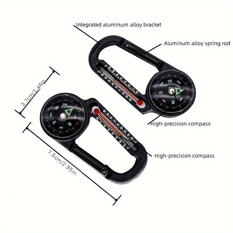 Multifunctional 3-in-1 Aluminum Keychain Carabiner w/ Compass Thermometer