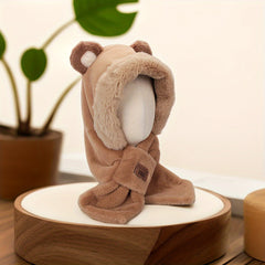 2 In 1 Hooded Cap Scarf Winter Scarf Bear Furry Hat Scarf