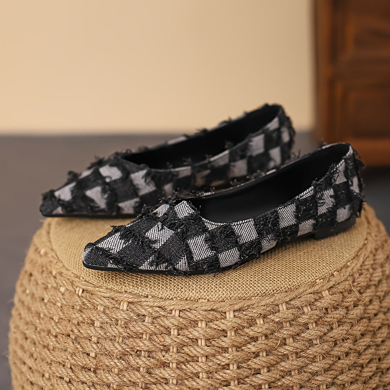 Plaid Pattern Denim Flats with Tassel Detail