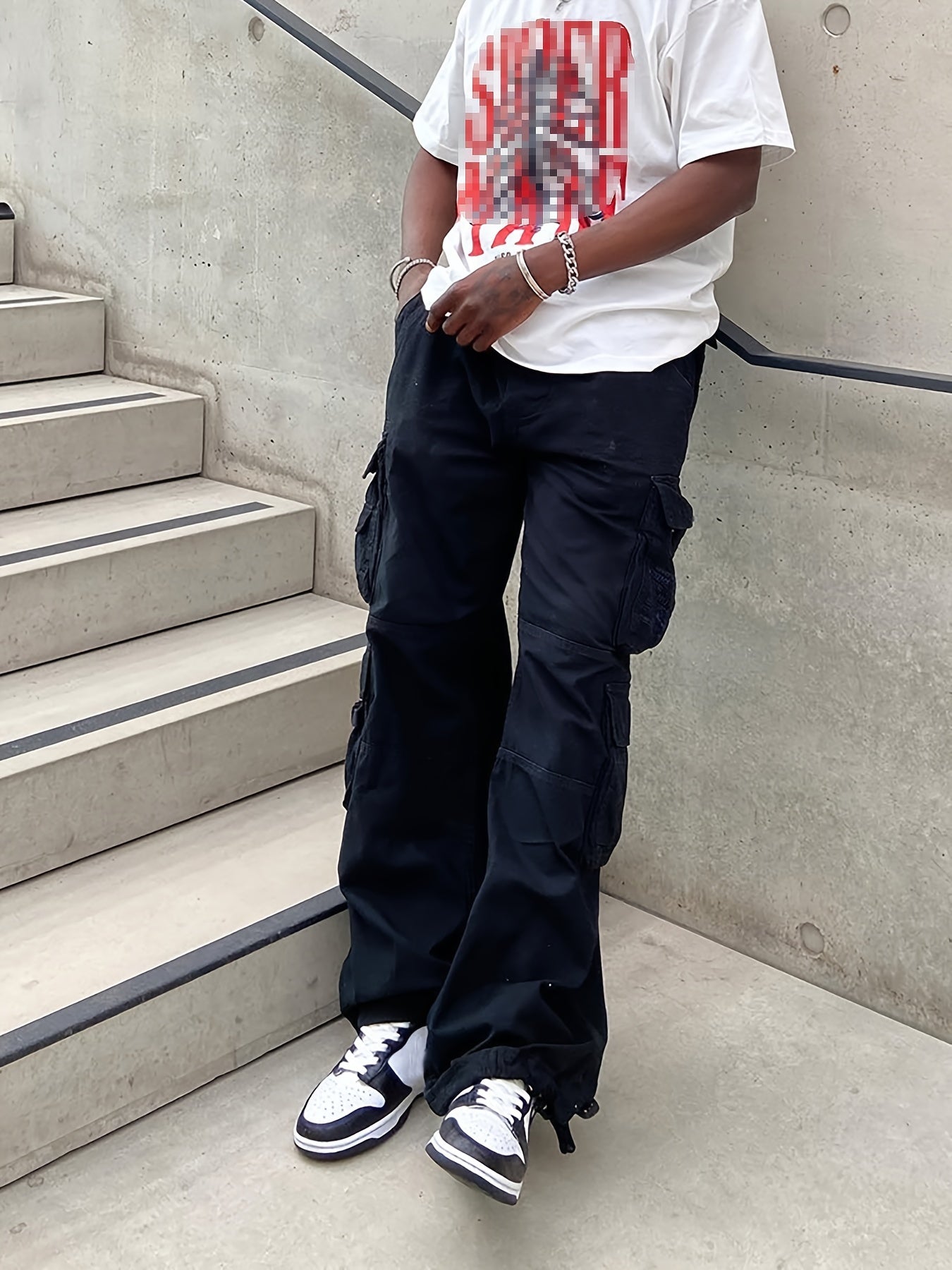 Men's Cargo Pants Wide Leg Long Trousers with Large Pockets