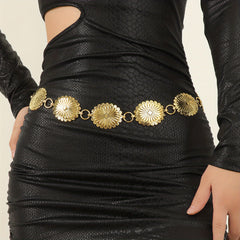 Boho Flower Embossed Waist Chain Oval Western Style Metal Belly Chain Belt