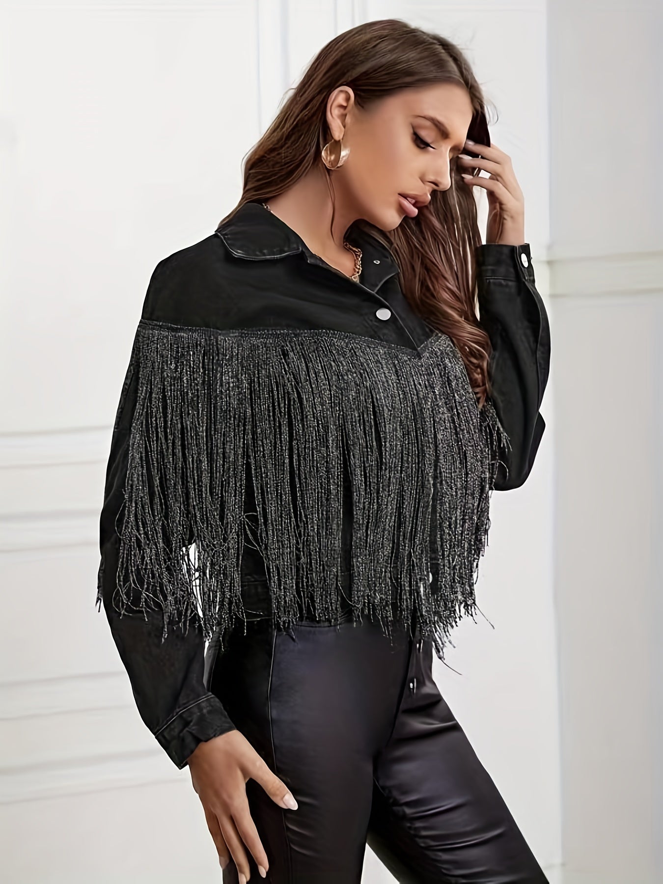 Fringe Decor Denim Jacket Long Sleeve Coat Women's Clothing