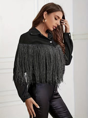 Fringe Decor Denim Jacket Long Sleeve Coat Women's Clothing