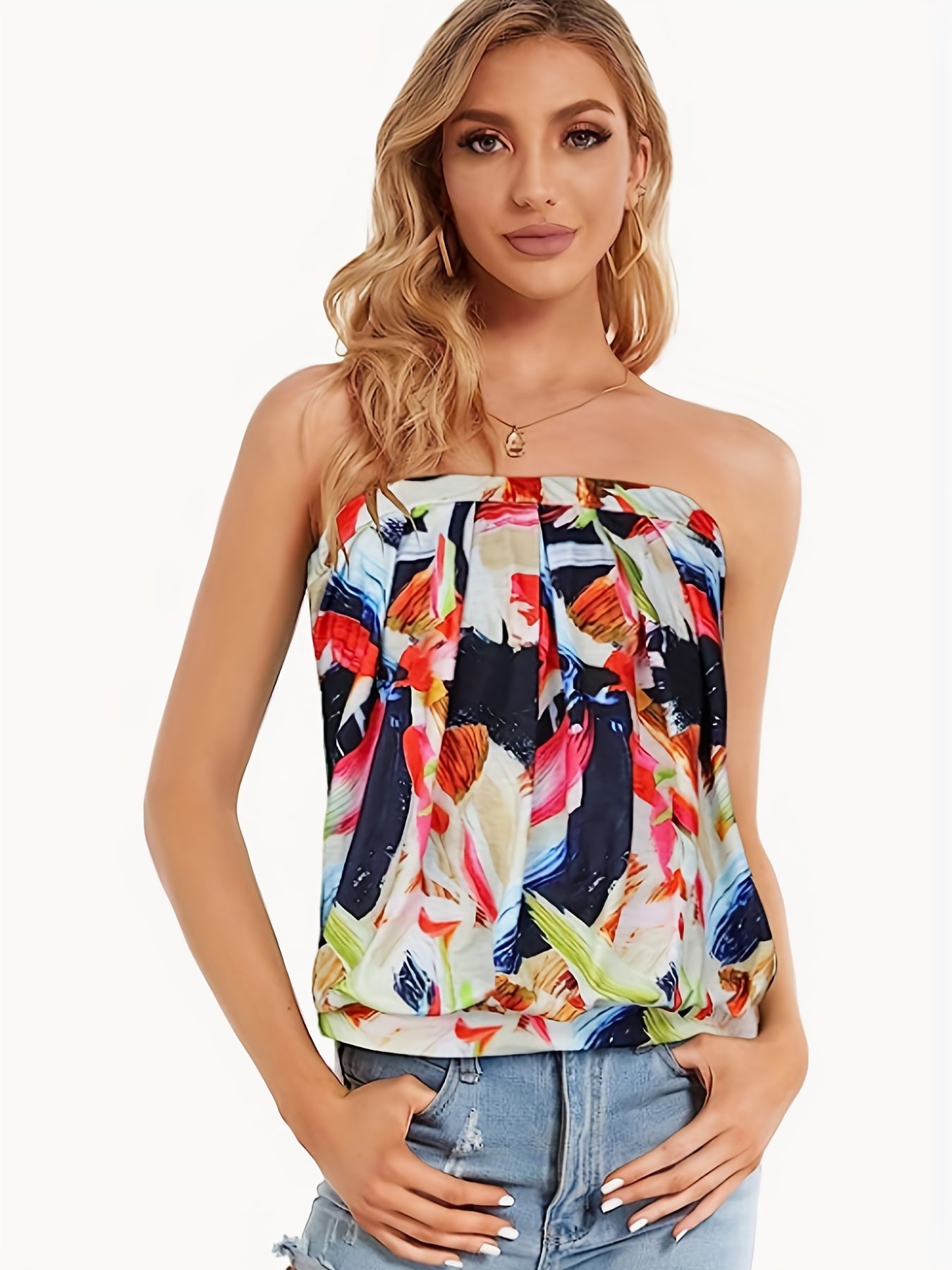 Floral Print Pleated Tube Top Sleeveless