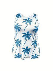 Coconut Tree Print Round Neck Plus Tank Top