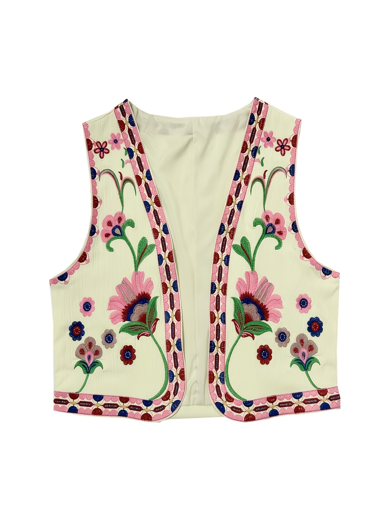 Flower Embroidered Open Front Vest Sleeveless Vest