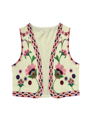 Flower Embroidered Open Front Vest Sleeveless Vest