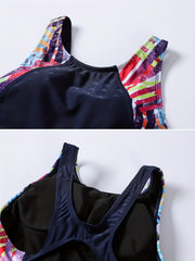 Girls Geometric Print One Piece Swimsuit Chest Pad Tankini Kids Clothes
