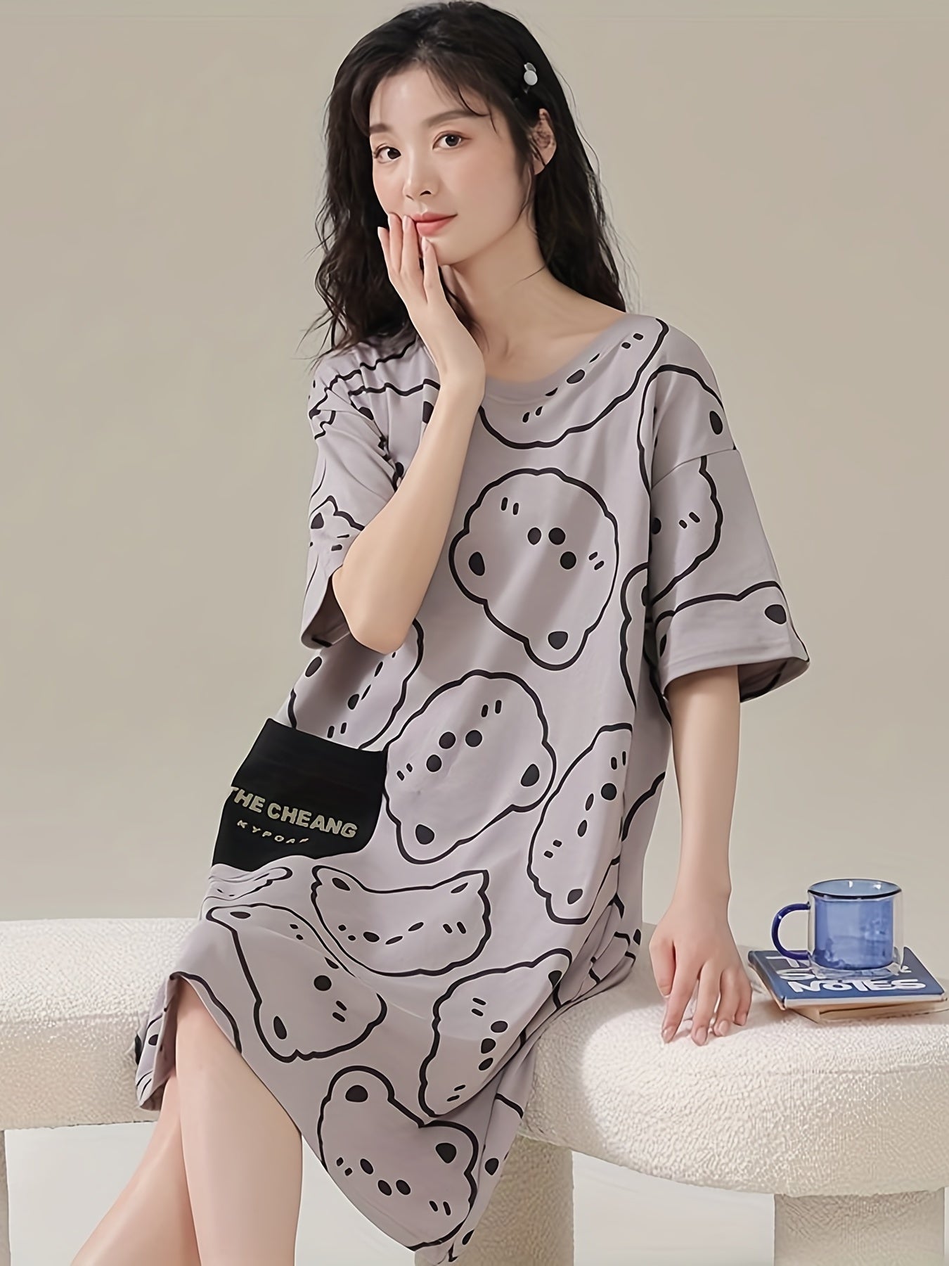 Bear Print NightDress Short Sleeve Pajama Dress Women's Sleepwear