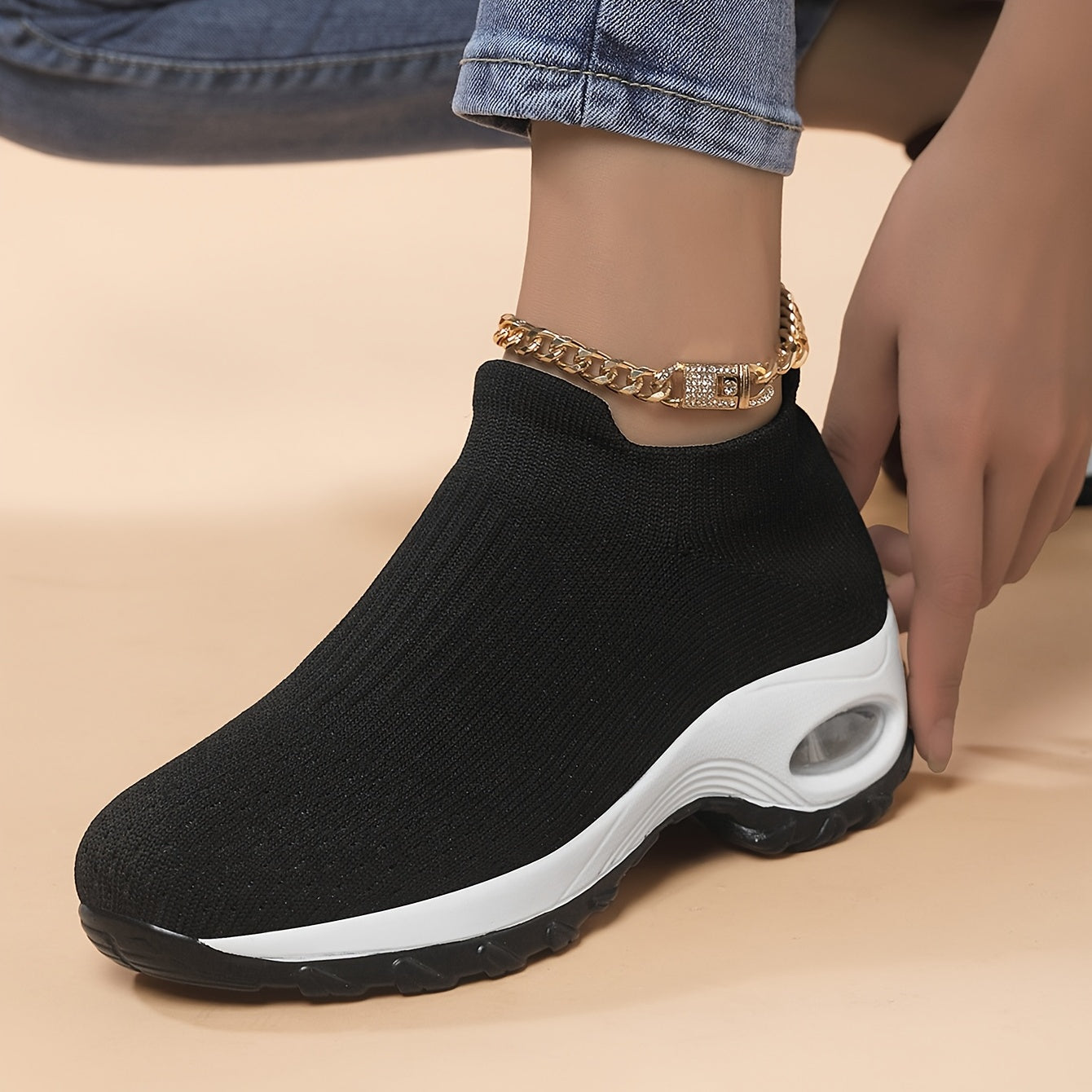Women's Air Cushion Knit Socks Sneakers Comfort Slip on Platform Casual Shoes