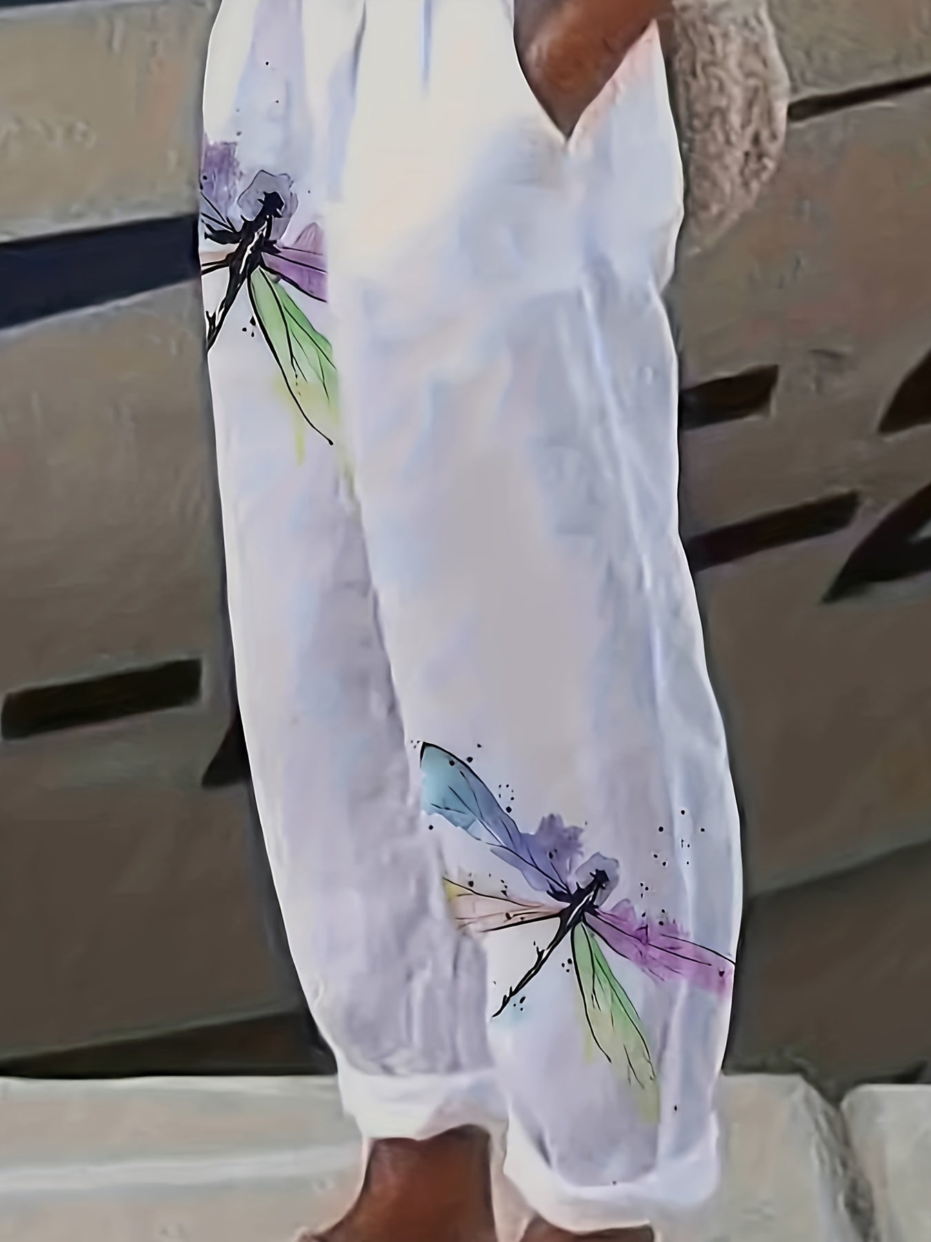 Dragonfly Print Pants Casual Elastic Waist Summer Pants Women's Clothing