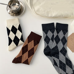 3 Pairs Argyle Print Socks Soft & Comfy Women's Mid Tube Stockings
