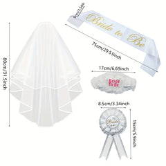 4pcs Bridal Veil Set with Golden Embroidery & Accessories