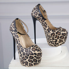 Leopard Print Stiletto Heels Buckle Strap Platform Pumps High Heels