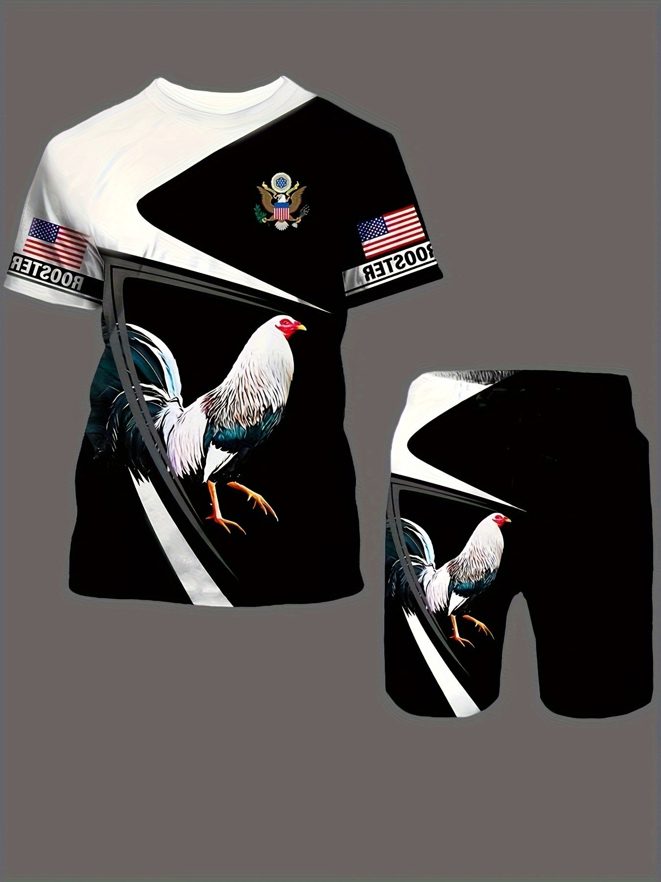 Rooster Pattern Mens 2 Piece Outfits T-shirt & Shorts Set For Summer