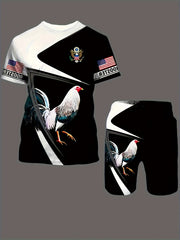 Rooster Pattern Mens 2 Piece Outfits T-shirt & Shorts Set For Summer
