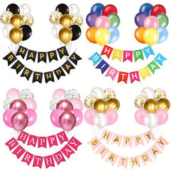 16pcs Happy Birthday Gold Banner Sequin Balloon Set