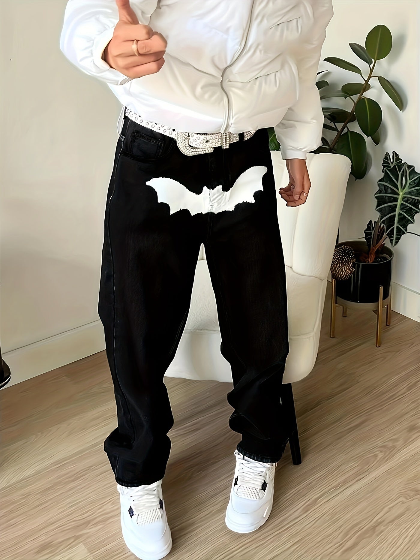 Men's Halloween Bat Print Regular Straight Leg Jeans