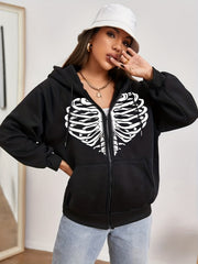 Halloween Goth Sweatshirt Women's Plus Heart Skull Print Long Sleeve