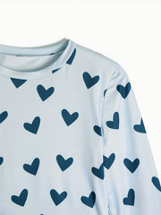 Heart Print Lounge Set Long Sleeve Top & Pants Women's Loungewear