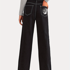Cartoon Moon Star Graphic Stitch Jeans High Rise Solid Denim Pants