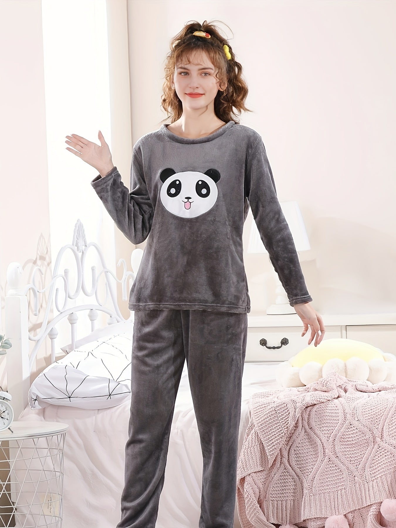 Girls Flannel Pajama Set Panda Print Soft Warm Long Sleeve Casual Loungewear