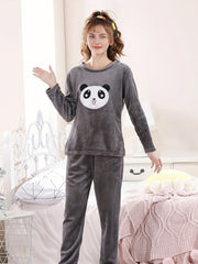 Girls Flannel Pajama Set Panda Print Soft Warm Long Sleeve Casual Loungewear