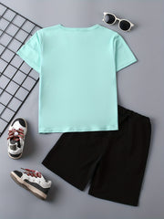 Alphabet Crew Neck T shirt & Elastic Waist Shorts Set for Boys