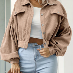 Casual Corduroy Crop Jacket Lantern Sleeve Loose Outerwear