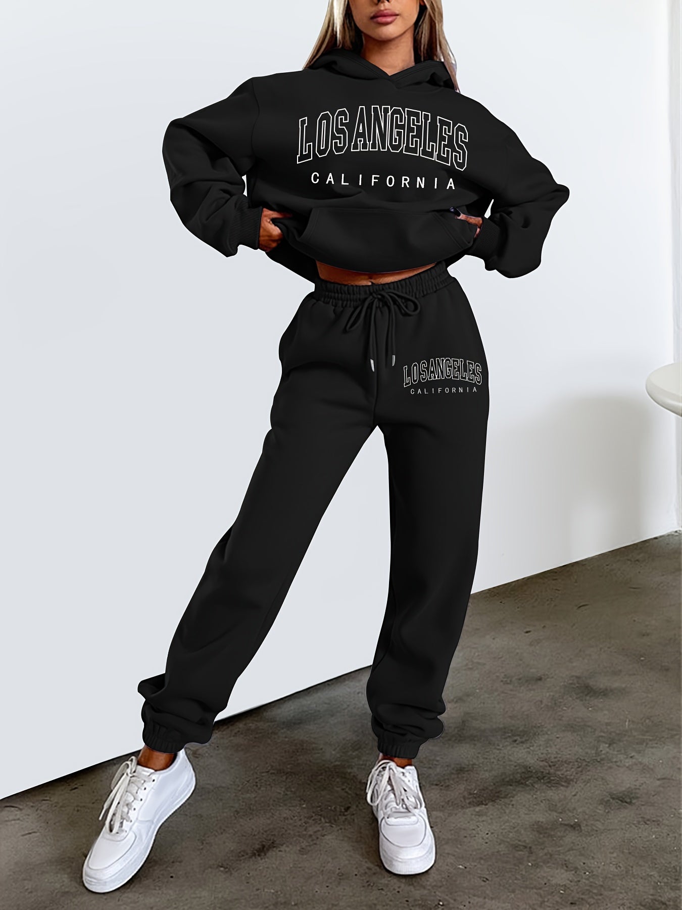 Women's Plus Size Sporty Outfit Set - Letter Print Hoodie & Joggers 2 Piece Set