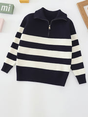 Girls' Striped Zip Collar Knitted Pullover Sweater