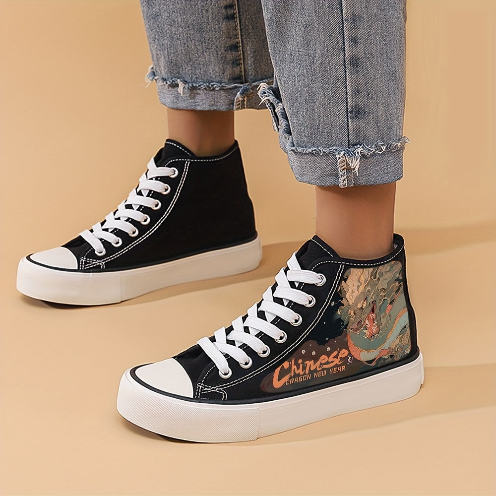 Chinese Dragon Print Flat Heighten Canvas Sneakers