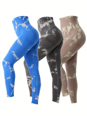 3 Pcs Tie Dye Slimming Yoga Sports Leggings Tummy Control Fitness Workout Tights