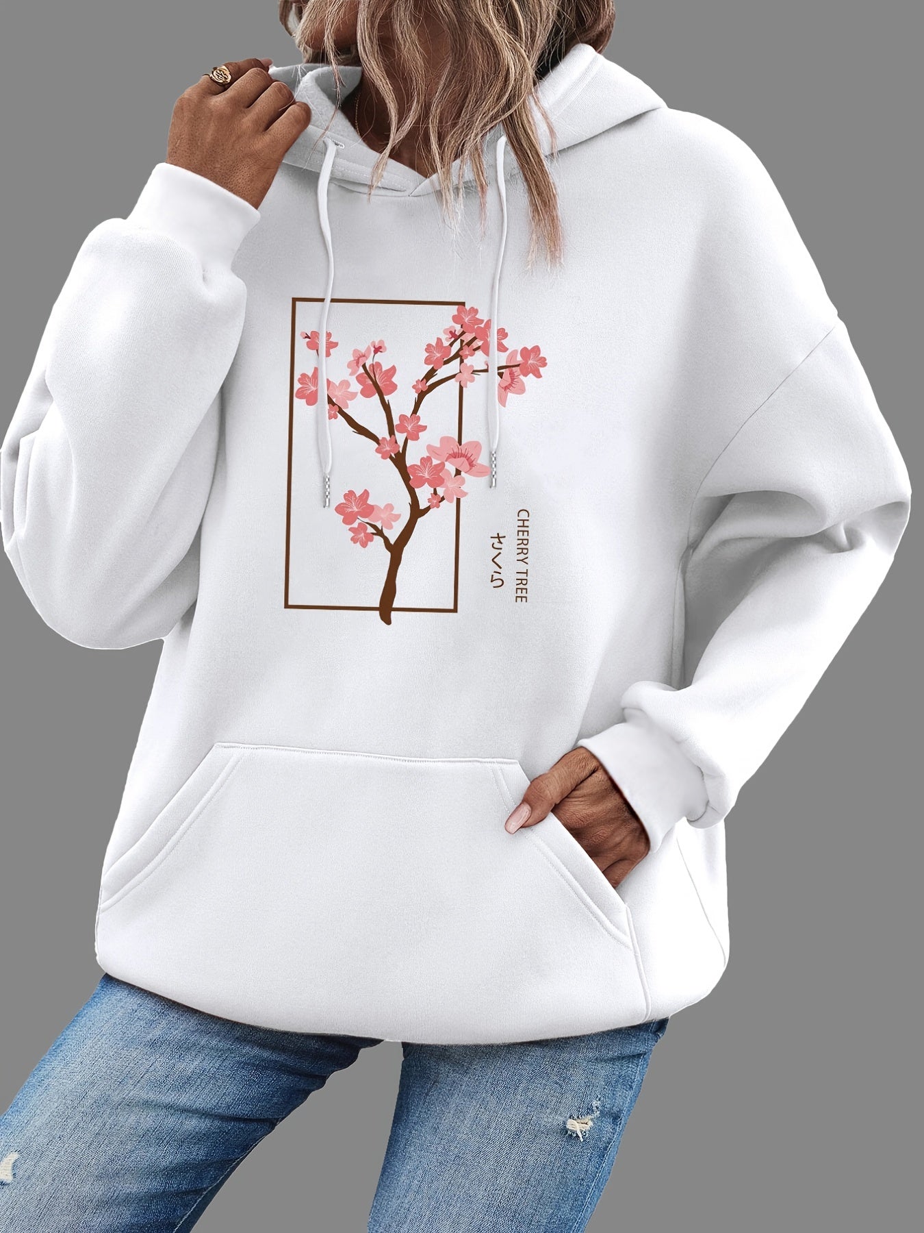 Cherry Tree Print Kangaroo Pocket Hoodie Women's Sweatshirt
