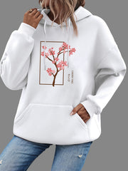 Cherry Tree Print Kangaroo Pocket Hoodie Women's Sweatshirt