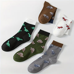 5 Pairs Cute Dino Print Mid Tube Socks Women's Stockings