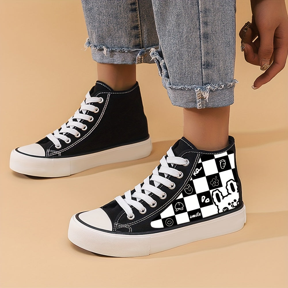 Plaid & Rabbit Pattern Canvas High Top Flat Shoes