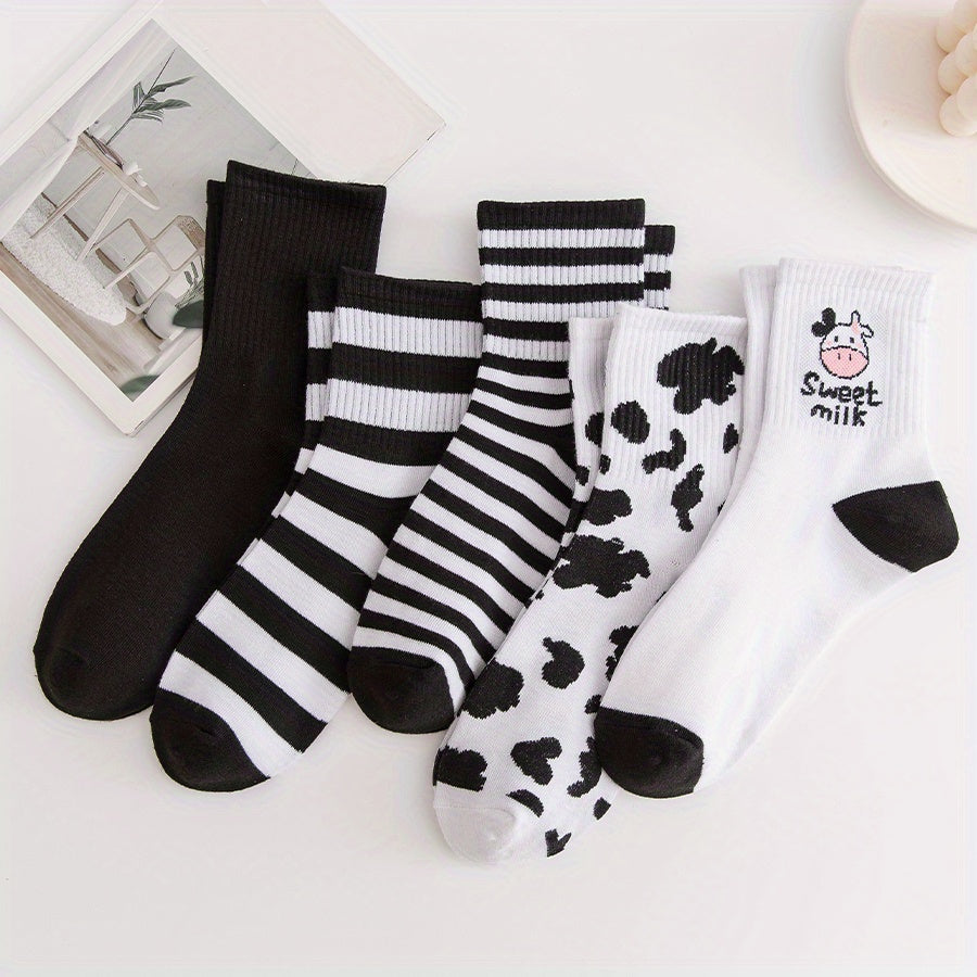 5 Pairs Cow Print Socks & Striped Crew Socks Women's Stockings