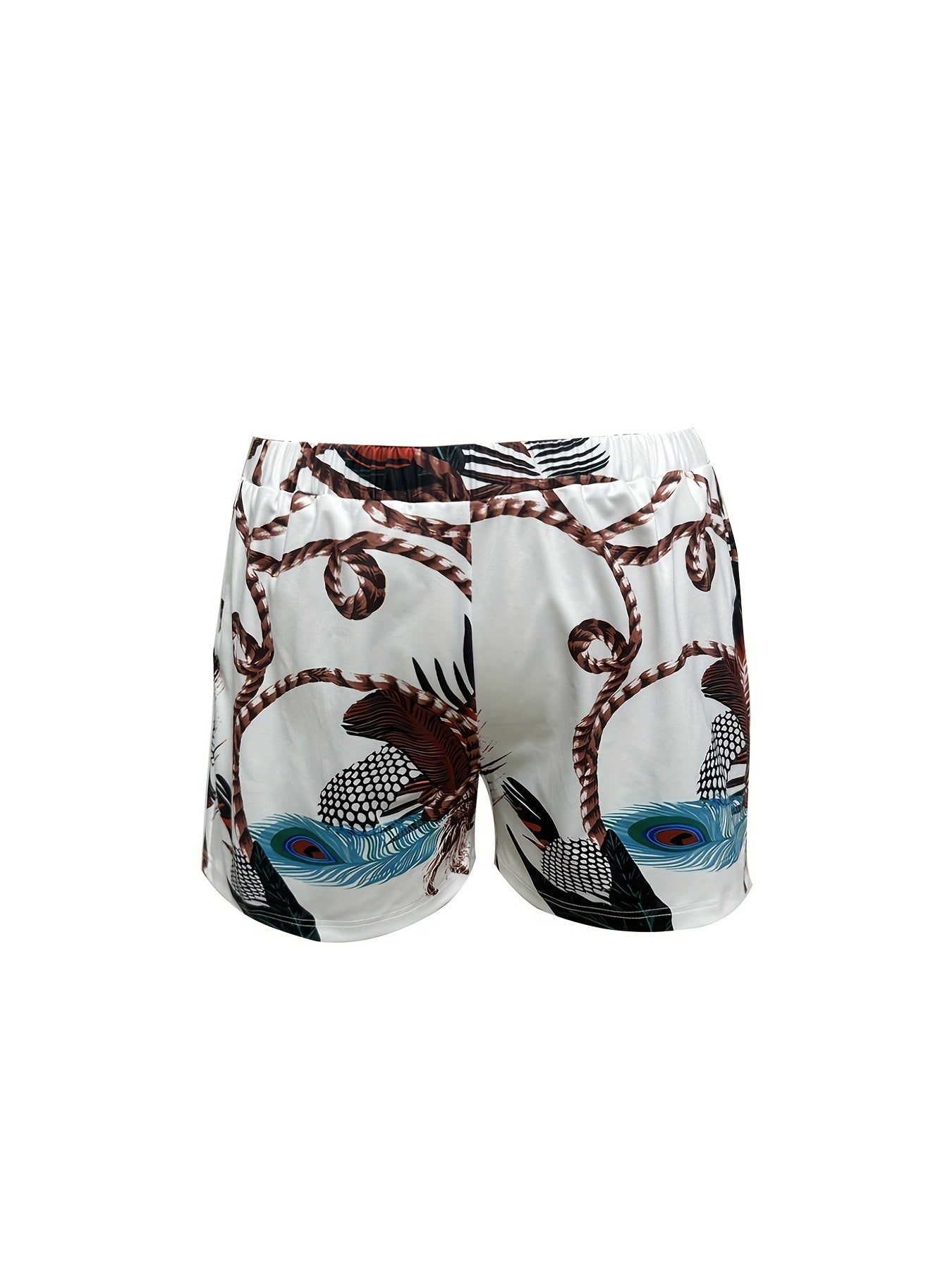 Feather Print Zipper Blouse & Shorts Set