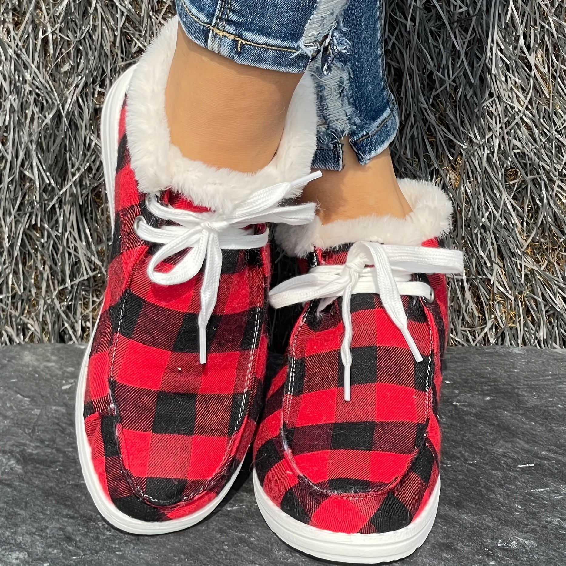 Women's Red & Plaid Snow Boots Flat Comfortable Fur Insoles