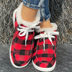 Women's Red & Plaid Snow Boots Flat Comfortable Fur Insoles