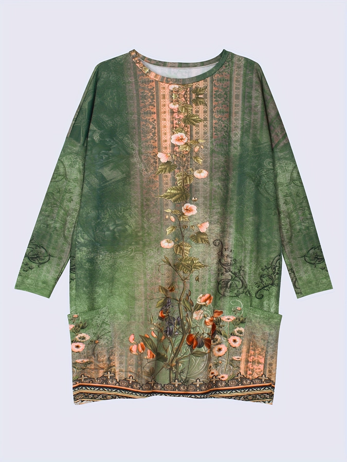 Vintage Floral Mini Dress Long Sleeve Crew Neck Women's Clothing